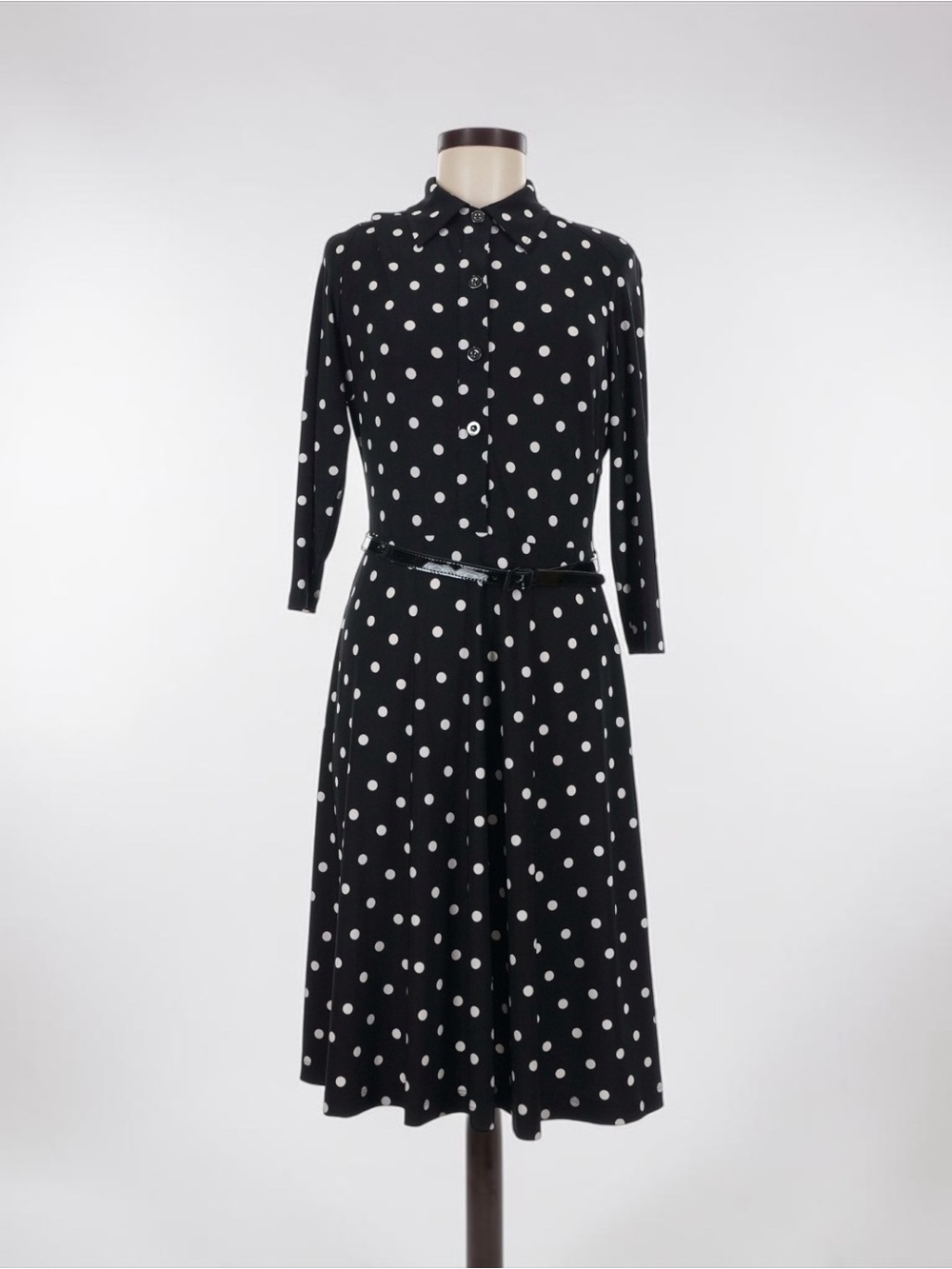 Evan-Picone Black White Polka Dot Midi Dress Belt 3/4 Sleeve Size 8 - Picture 3 of 11